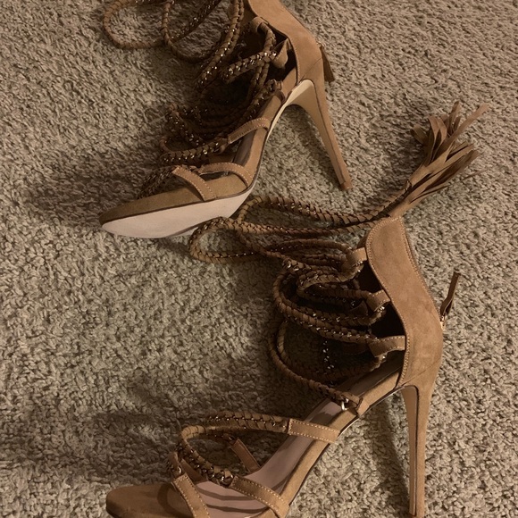 ShoeDazzle Raenetta. Tan Strappy Faux Suede Heels - Picture 1 of 7